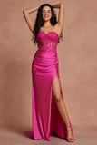 Fuchsia Beaded Mermaid Strapless Corset Long Prom Dress with Slit