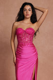 Fuchsia Beaded Mermaid Strapless Corset Long Prom Dress with Slit