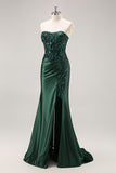Sparkly Blue Mermaid Corset Satin Long Prom Dress with Slit