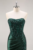 Sparkly Blue Mermaid Corset Satin Long Prom Dress with Slit