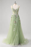 Green A Line Tulle Sequin Applique Corset Embroidered Long Prom Dress with Slit