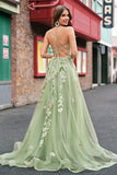 Green A Line Tulle Sequin Applique Corset Embroidered Long Prom Dress with Slit
