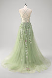 Green A Line Tulle Sequin Applique Corset Embroidered Long Prom Dress with Slit