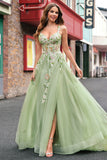 Green A Line Tulle Sequin Applique Corset Embroidered Long Prom Dress with Slit