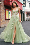 Green A Line Tulle Sequin Applique Corset Embroidered Long Prom Dress with Slit