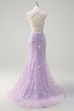 Sparkly Lilac Mermaid Sheer Corset Sequin Prom Dress with Lace Up Back