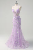 Sparkly Lilac Mermaid Sheer Corset Sequin Prom Dress with Lace Up Back