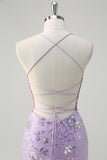 Sparkly Lilac Mermaid Sheer Corset Sequin Prom Dress with Lace Up Back