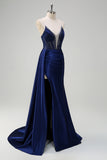 Navy Mermaid V-Neck Watteau Train Corset Beaded Prom Dress with Slit