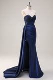 Navy Blue Mermaid Strapless Side Streamer Ruched Corset Long Prom Dress With Slit