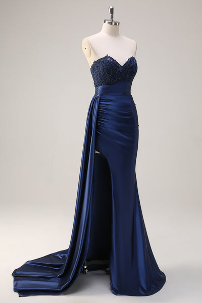 Mermaid Chiffon One Strap Dress with Slit Dark Navy