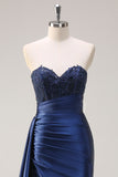 Navy Blue Mermaid Strapless Side Streamer Ruched Corset Long Prom Dress With Slit