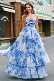 White Blue Flower A Line Strapless Tiered Long Prom Dress