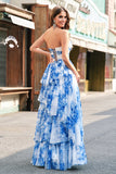 White Blue Flower A Line Strapless Tiered Long Prom Dress