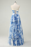 White Blue Flower A Line Strapless Tiered Long Prom Dress