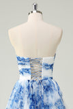 White Blue Flower A Line Strapless Tiered Long Prom Dress