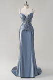 Sparkly Grey Blue Mermaid Spaghetti Straps Corset Long Prom Dress with Appliques