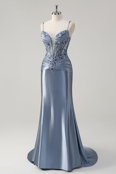 Zapaka Women Sparkly Light Blue Prom Dress Mermaid Spaghetti