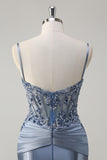 Sparkly Grey Blue Mermaid Spaghetti Straps Corset Long Prom Dress with Appliques