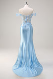 Sky Blue Mermaid Off The Shoulder Corset Floral Long Prom Dress with 3D Flowers