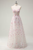 Pink A Line Spaghetti Straps Floral Beaded Prom Dress