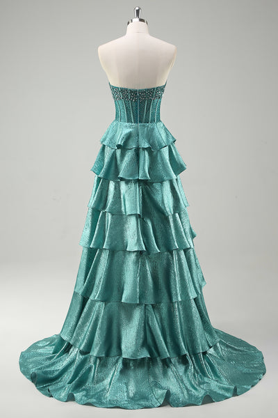 Zapaka Women Peacock Green Long Prom Dress with Beading Strapless Long Formal Dress with Tiered Ruffles, Peacock Green / US4