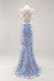Pink Mermaid Spaghetti Straps Sequins Long Prom Dress with Appliques