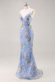 Pink Mermaid Spaghetti Straps Sequins Long Prom Dress with Appliques