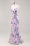 Pink Mermaid Spaghetti Straps Sequins Long Prom Dress with Appliques