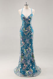 Peacock Mermaid Spaghetti Straps Sequins Long Prom Dress with Appliques