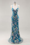 Peacock Mermaid Spaghetti Straps Sequins Long Prom Dress with Appliques