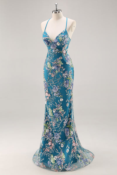 Spaghetti Strap Ruffled Skirt High-Slit Dress Peacock main image 1