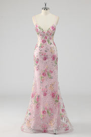 Pink Mermaid Spaghetti Straps Sequins Long Prom Dress with Appliques