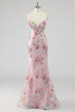 Pink Mermaid Spaghetti Straps Sequins Long Prom Dress with Appliques
