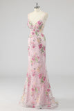 Pink Mermaid Spaghetti Straps Sequins Long Prom Dress with Appliques