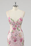 Pink Mermaid Spaghetti Straps Sequins Long Prom Dress with Appliques