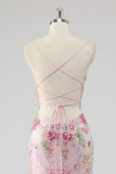 Pink Mermaid Spaghetti Straps Sequins Long Prom Dress with Appliques