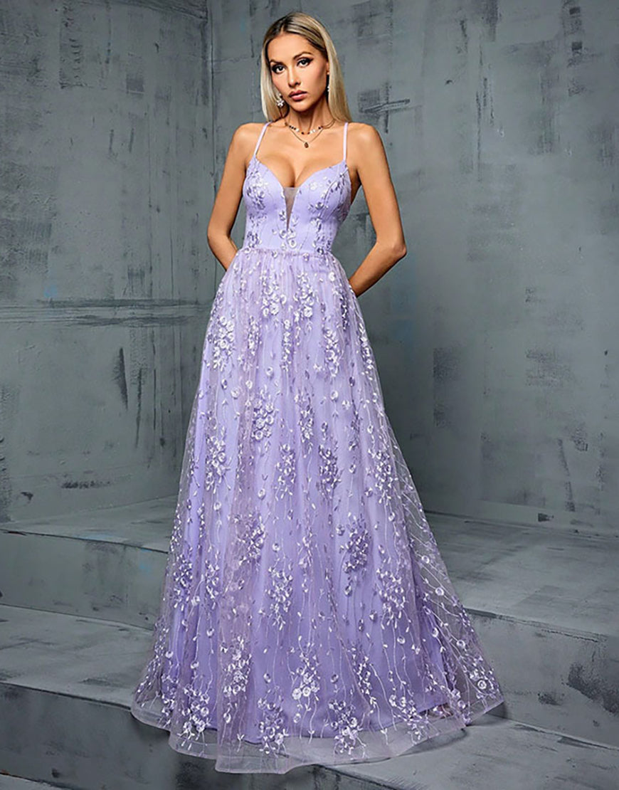 Light Purple A Line Spaghetti Straps Tulle Prom Dress