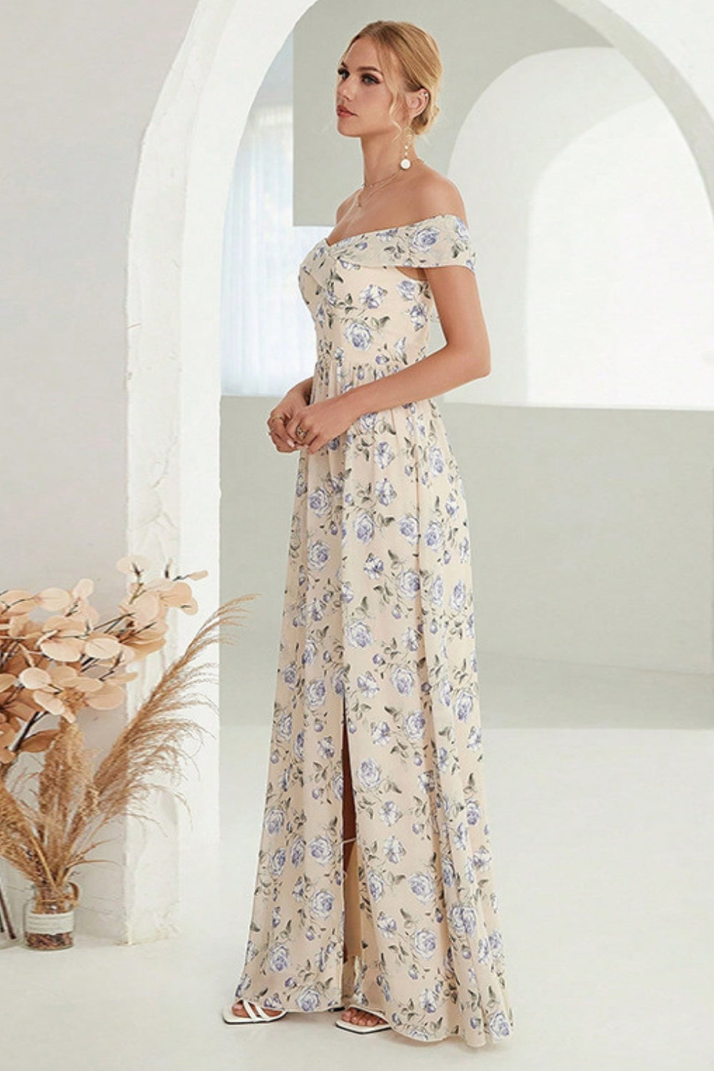 Apricot A-Line Off the Shoulder Floral Long Prom Dress with Slit