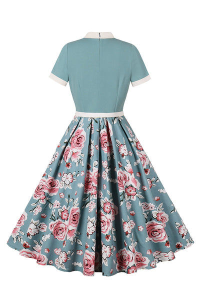 Zapaka Women Blue 1950s Dress with Short Sleeves Floral