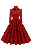 Purple Pleated Bow Tie 1950s Dress with Long Sleeves