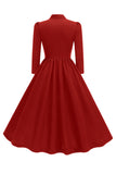 Purple Pleated Bow Tie 1950s Dress with Long Sleeves