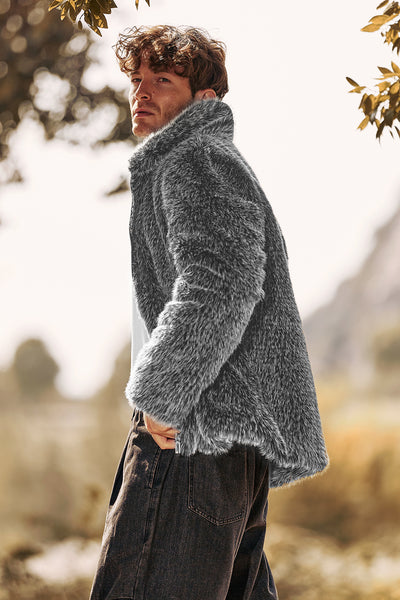 Zapaka Men Coat Dark Grey Faux Fur Turn Collar Zip Up Short