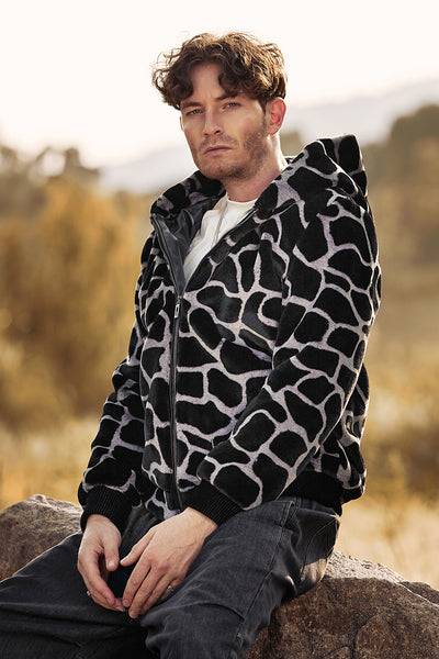 Zapaka Men's Coat Leopard Faux Fur Zip-Up Hoodie Long