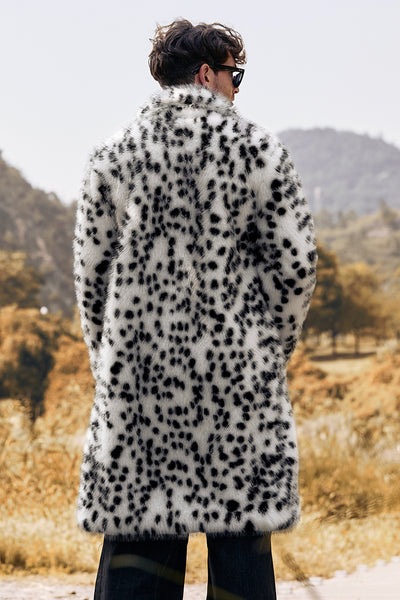 Zapaka Men's Coat White Black Faux Fur Print Leopard Mid