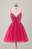 Fuchsia A-Line Spaghetti Straps Sequins Short Homecoming Dress with Appliques