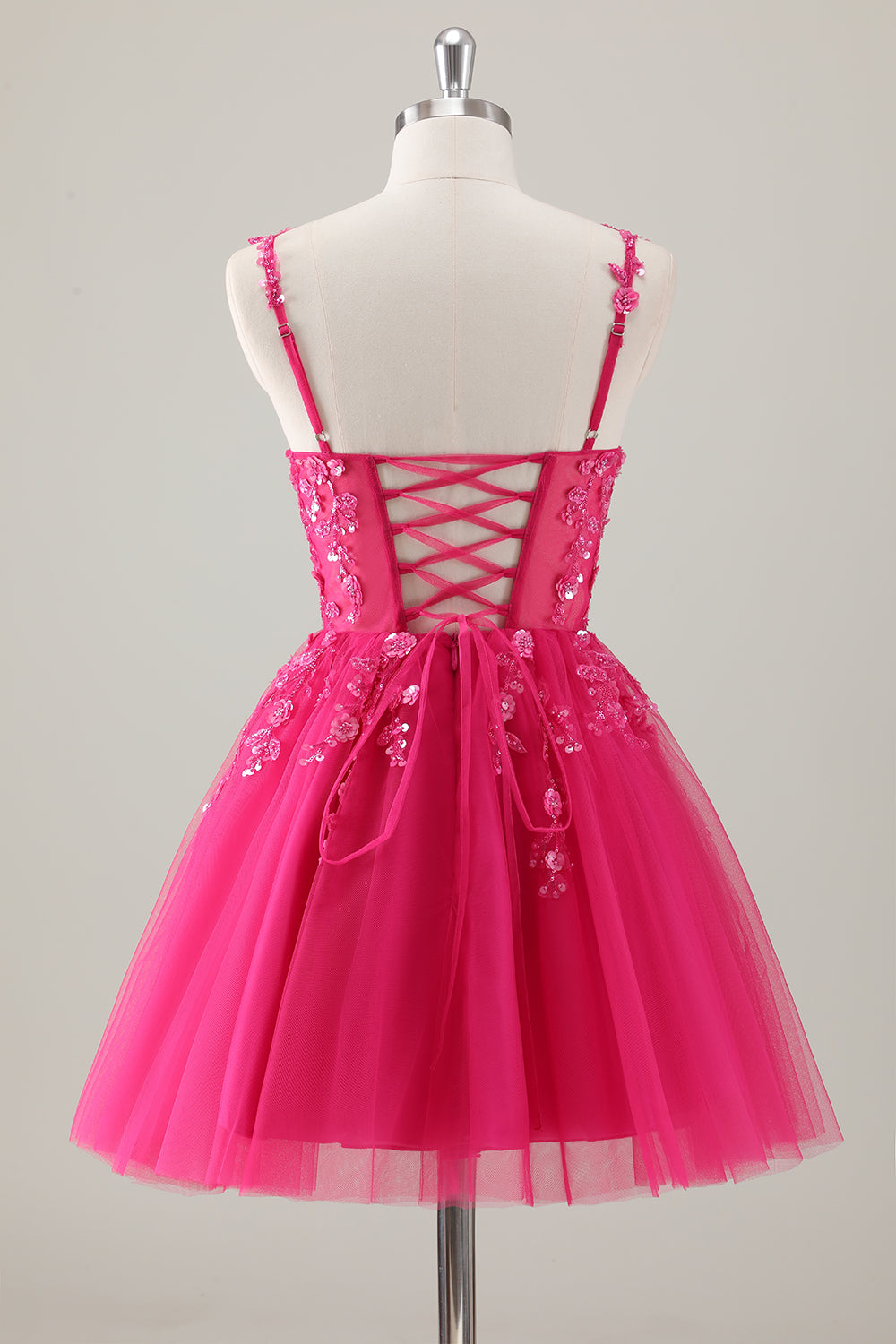 Fuchsia A-Line Spaghetti Straps Sequins Short Homecoming Dress with Appliques