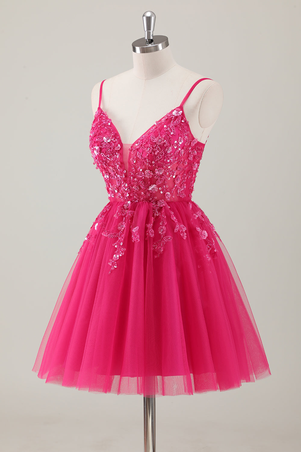 Fuchsia A-Line Spaghetti Straps Sequins Short Homecoming Dress with Appliques