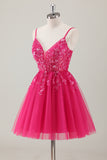 Fuchsia A-Line Spaghetti Straps Sequins Short Homecoming Dress with Appliques