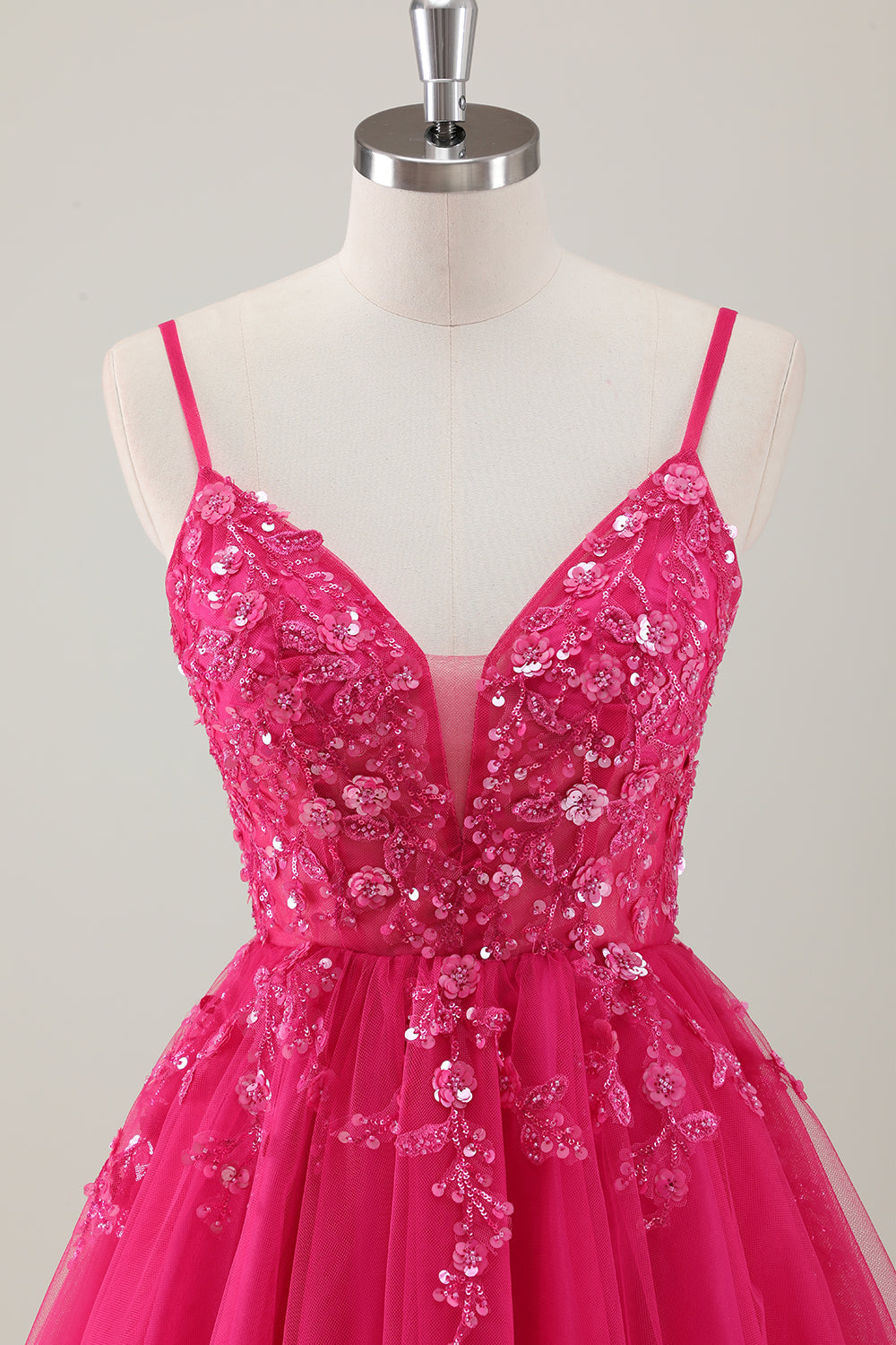 Fuchsia A-Line Spaghetti Straps Sequins Short Homecoming Dress with Appliques
